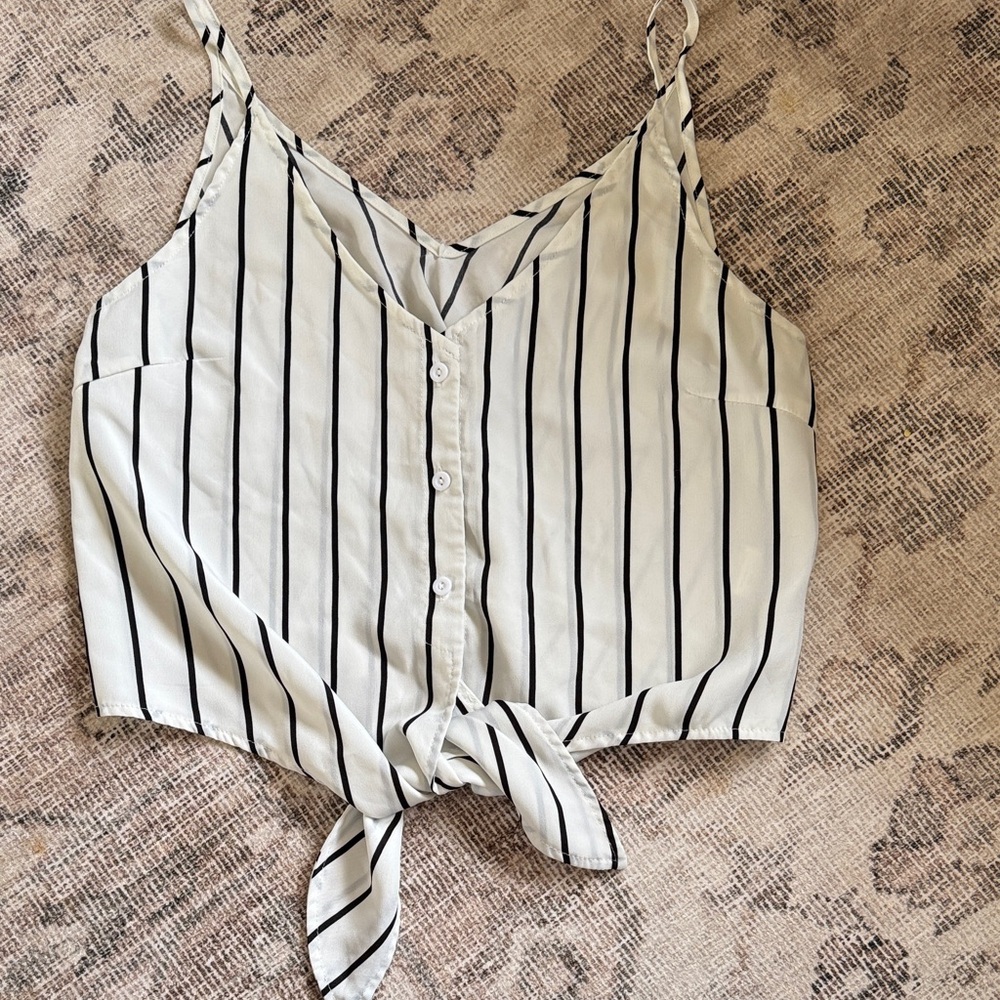 Striped Tie-Front Cami Tank Top - White/Black